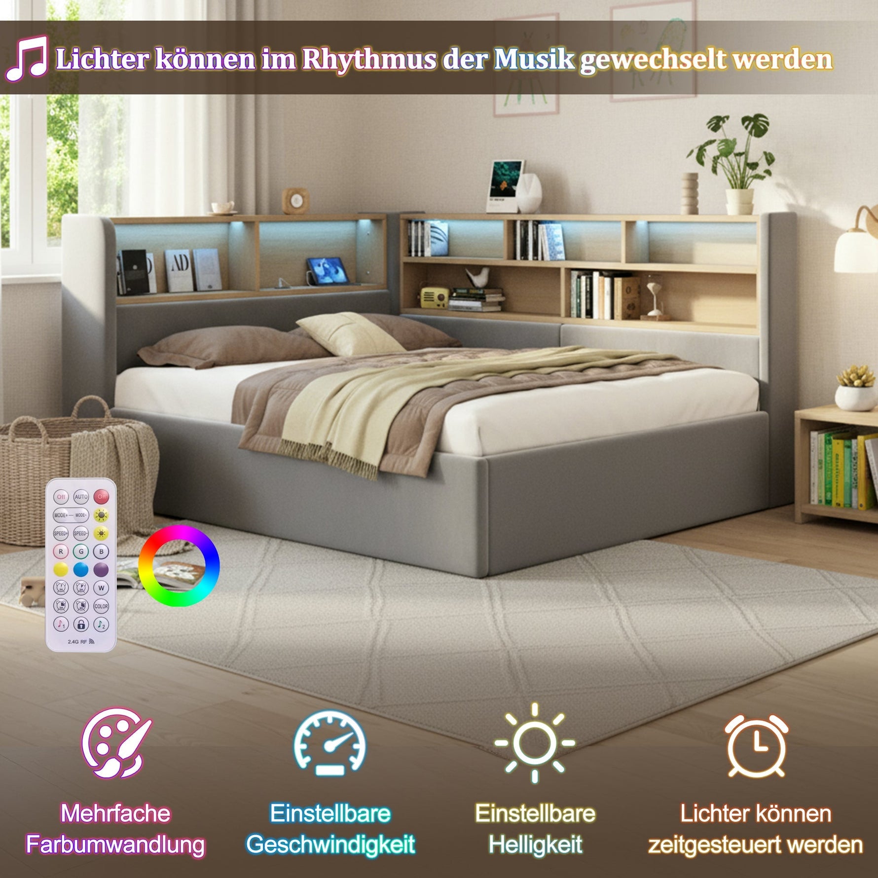 Daybed with Hydraulic Storage, LED, USB and Backrest, Grey Velvet