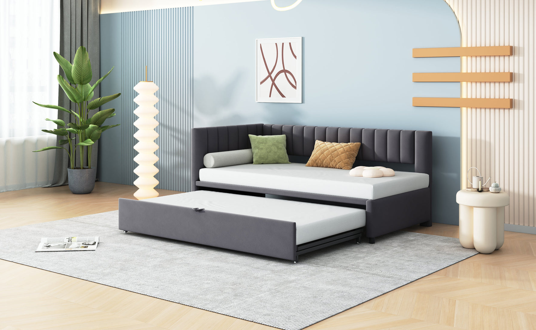 Sofa Bed, L-Shaped Pull-Out 90/180*200cm, Velvet Fabric, Gray