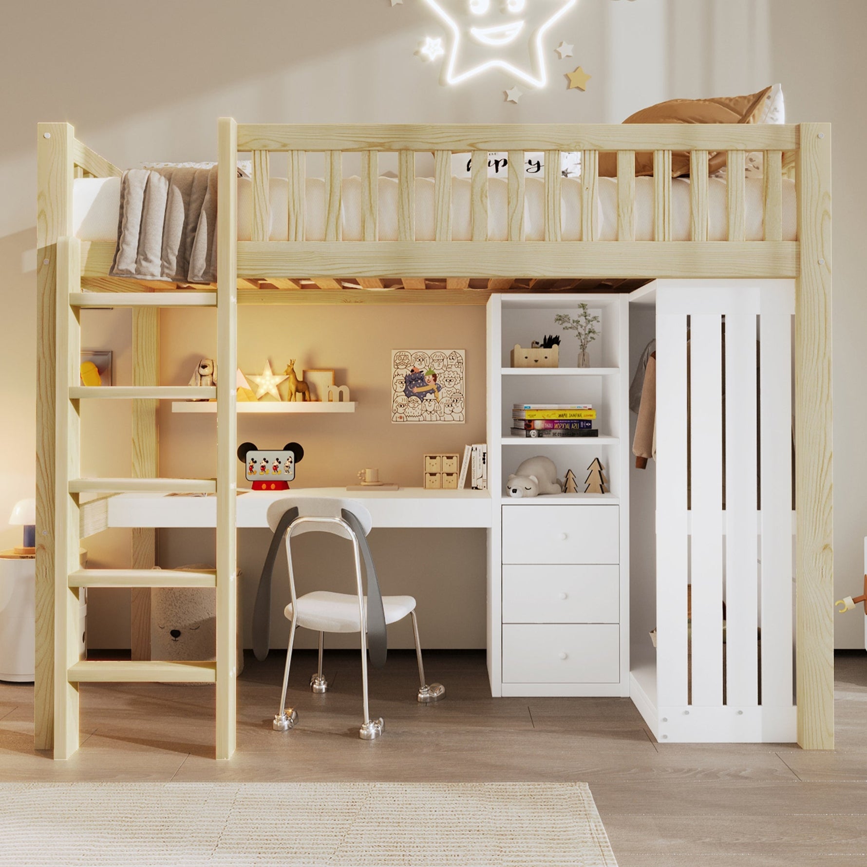 Loft Bed with Desk, Wardrobe and 3 Drawers, Natural
