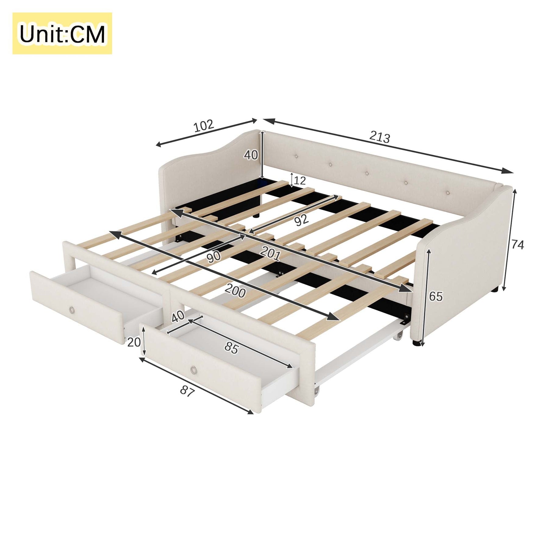 Daybed Sofa Bed 90x200cm Pull-Out Storage Drawers Linen Beige