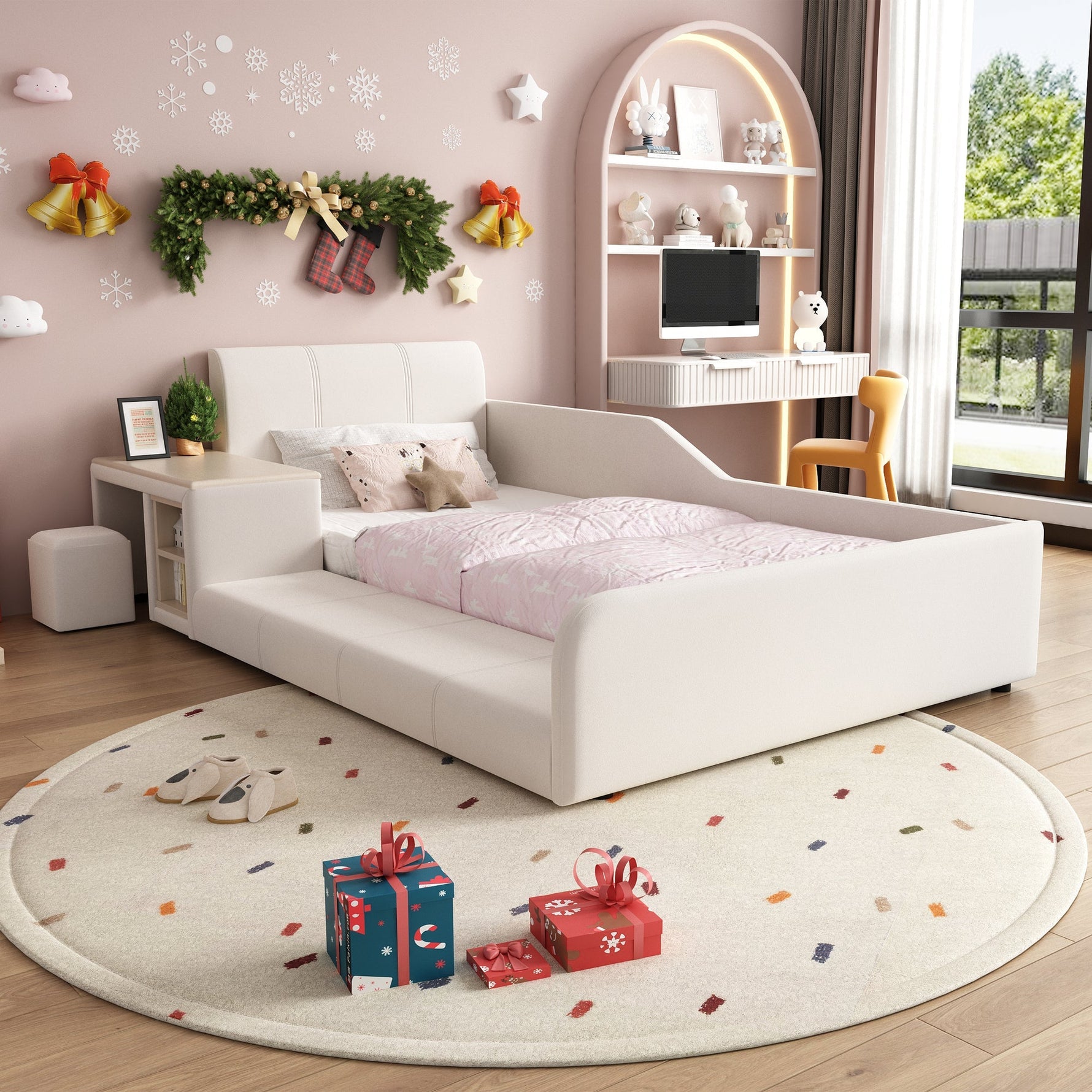 Upholstered Single Bed with Desk, Stool and Storage, 90x200cm, White Velvet