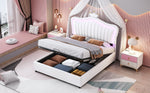 Children's Bed, Upholstered Hydraulic Storage with LED Lights, White PU Leather