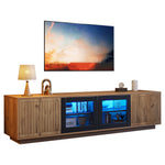 TV Cabinet 180cm for 75 Inch TV, LED Light Strip, Natural Wood & Black Glass