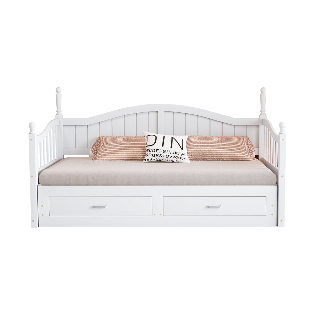 Sofa Bed, Pull-Out Multifunctional with Drawers & Slatted Frame, Pinewood White