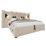 Upholstered Double Bed 160×200, Reading Lamp & USB-C, Storage, Solid Wood & Metal, Beige Linen