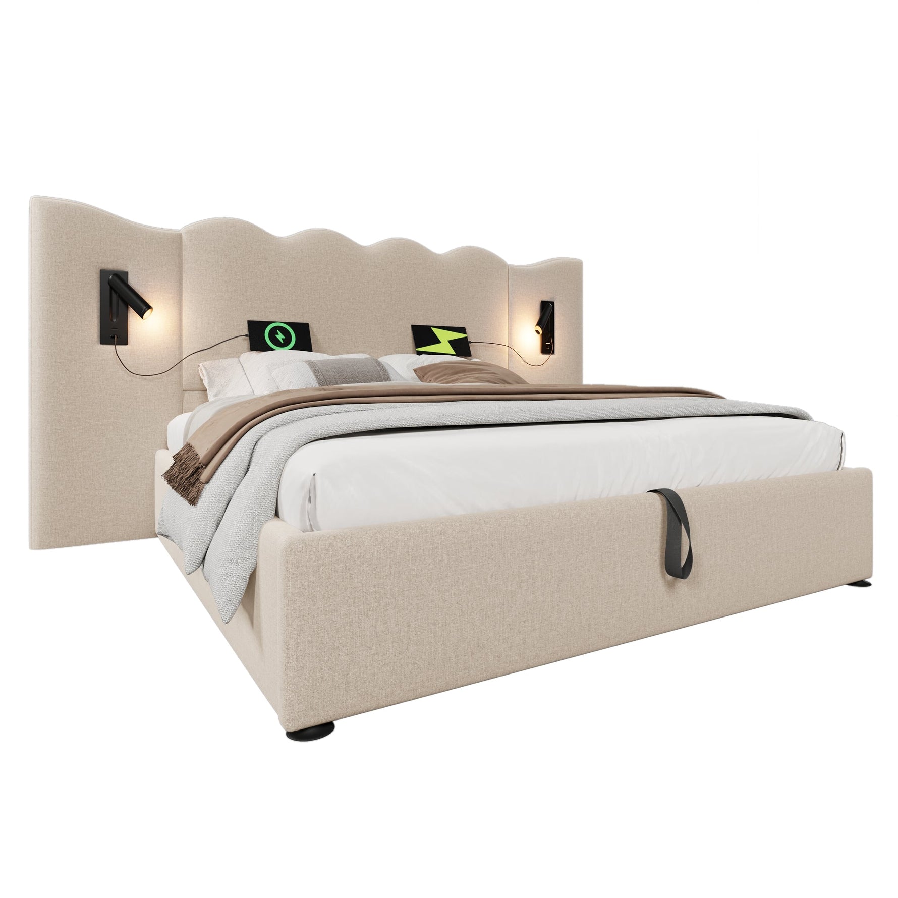 Upholstered Double Bed 160×200, Reading Lamp & USB-C, Storage, Solid Wood & Metal, Beige Linen