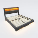 Suspended Design Upholstered Bed, Multifunctional Storage, LED, USB, Type-C, Linen Fabric Gray