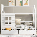 House Bed 90x200 with Fall Protection & Window, Solid Wood White