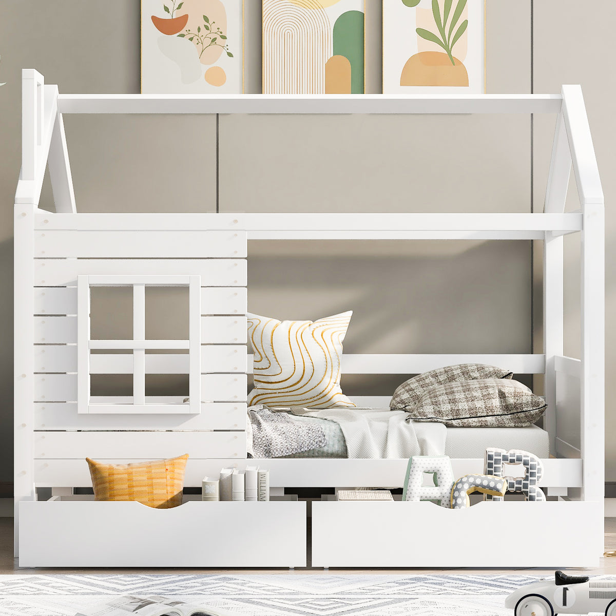 House Bed 90x200 with Fall Protection & Window, Solid Wood White