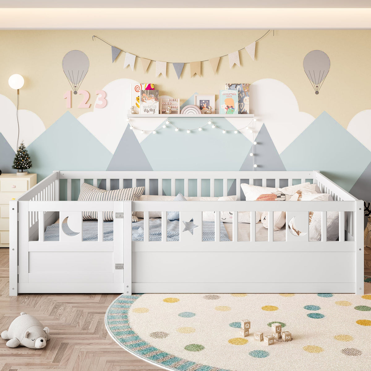 Panel Bed 140x190cm Children's with Railing Star & Moon Decoration - White