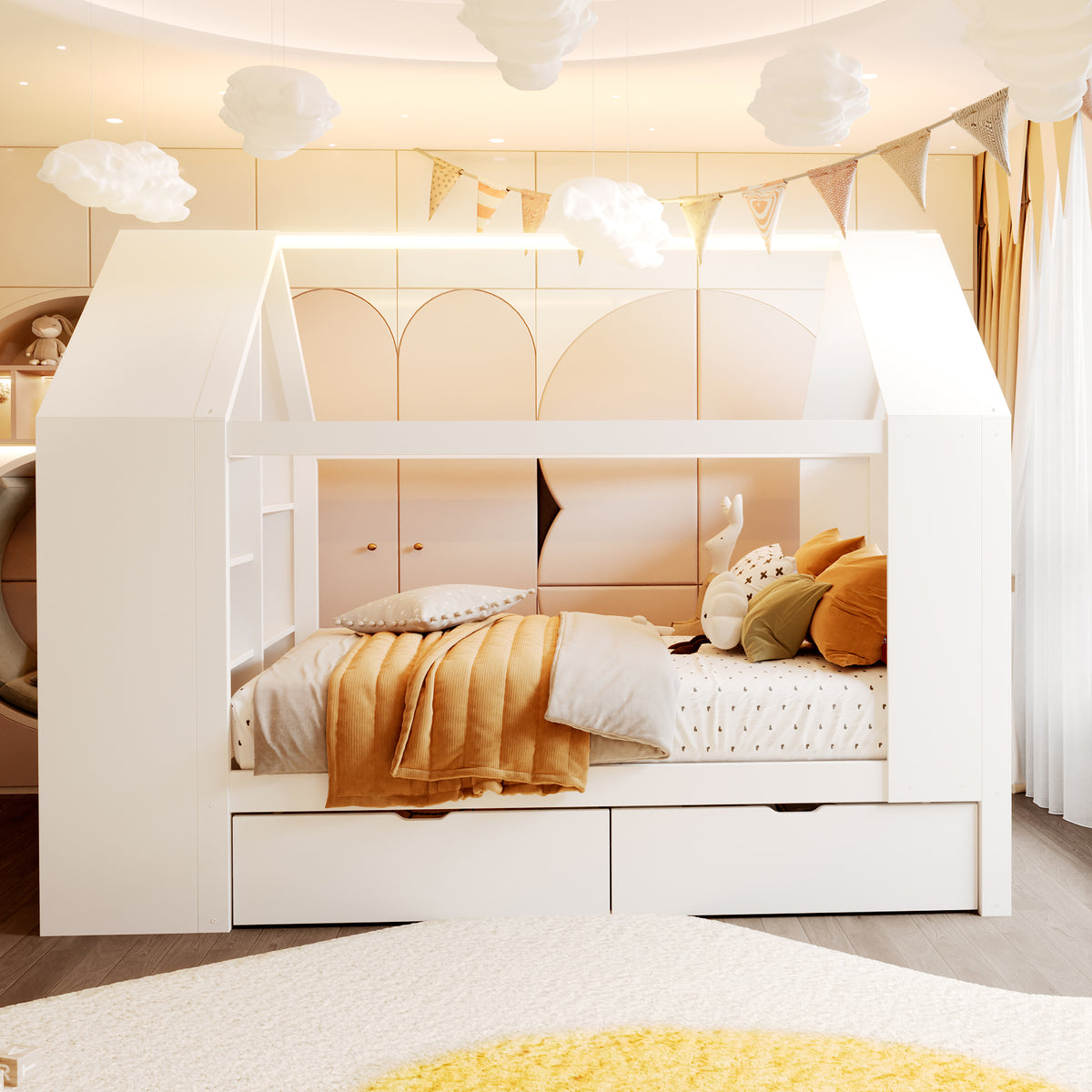 House Bed 90x200cm with 2 Drawers & LED Lighting, White