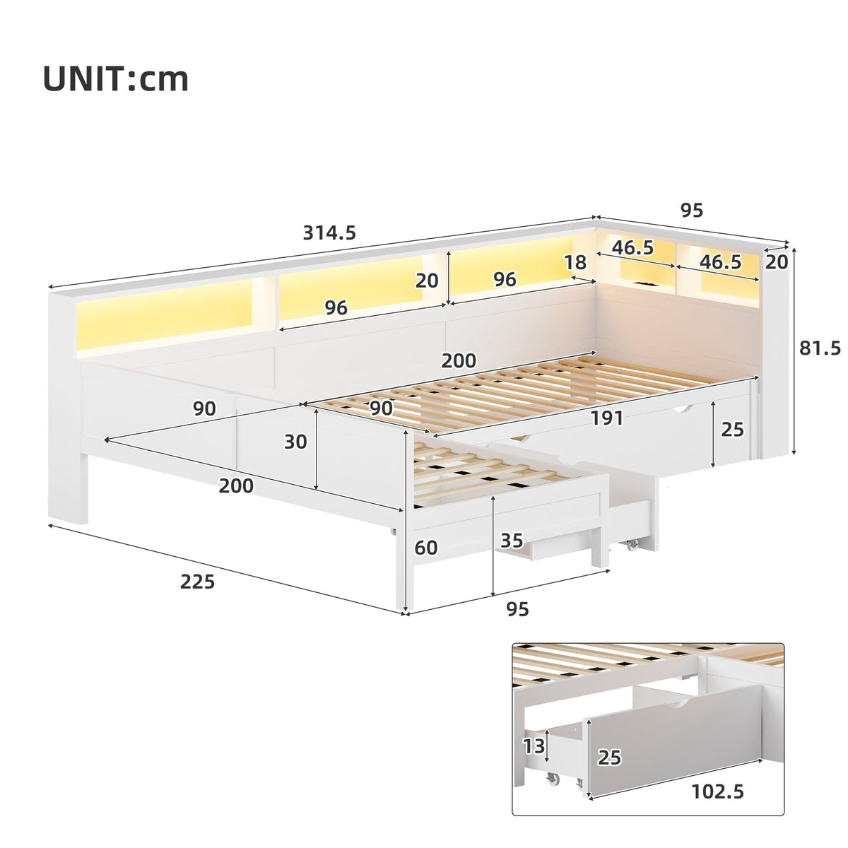 Wooden L-Shaped Platform Bed with Pull-Out Bed and Drawer, White