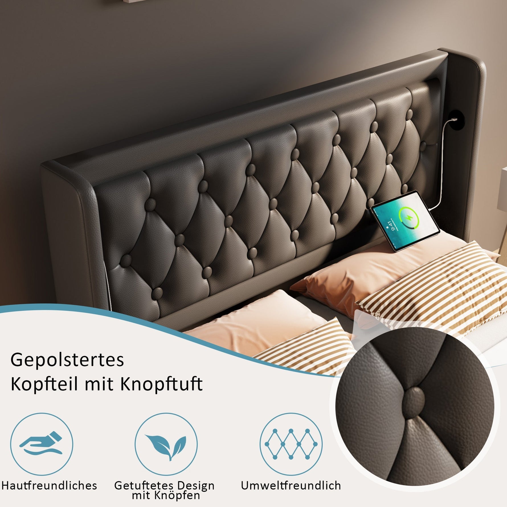 Upholstered Bed, 160*200 cm Hydraulic Storage with LED & USB, Black PU Leather