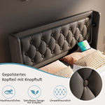 Upholstered Double Bed, 140x200 cm Hydraulic Storage with USB-C Charging & LED, Black PU