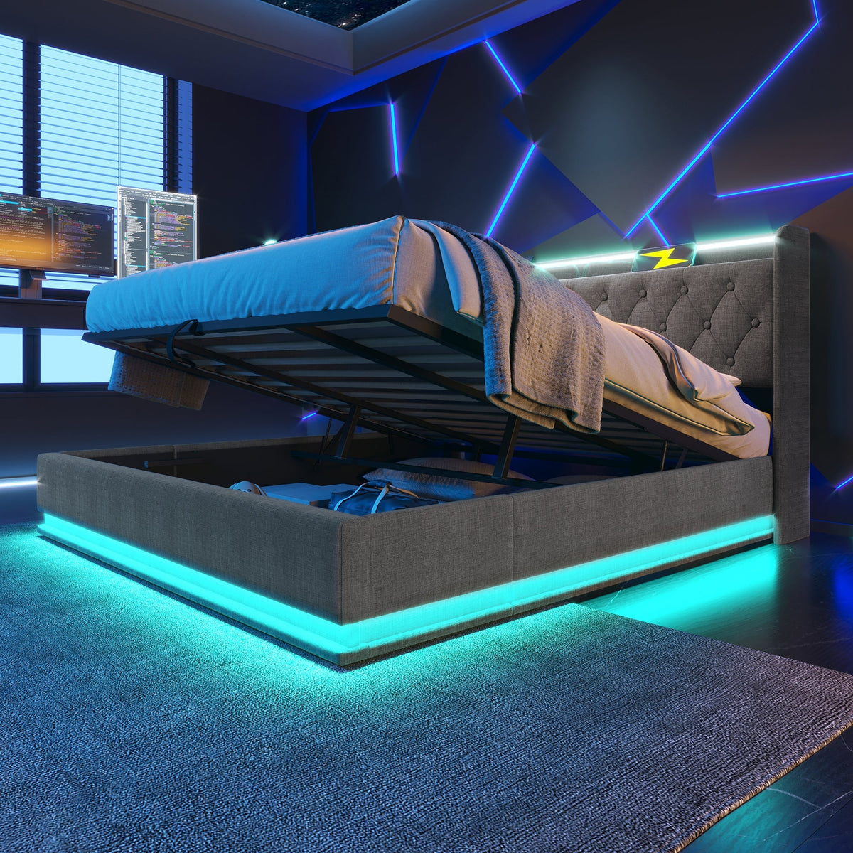 Upholstered Bed with LED, Hydraulic Storage and USB Type-C, 180x200cm, Grey