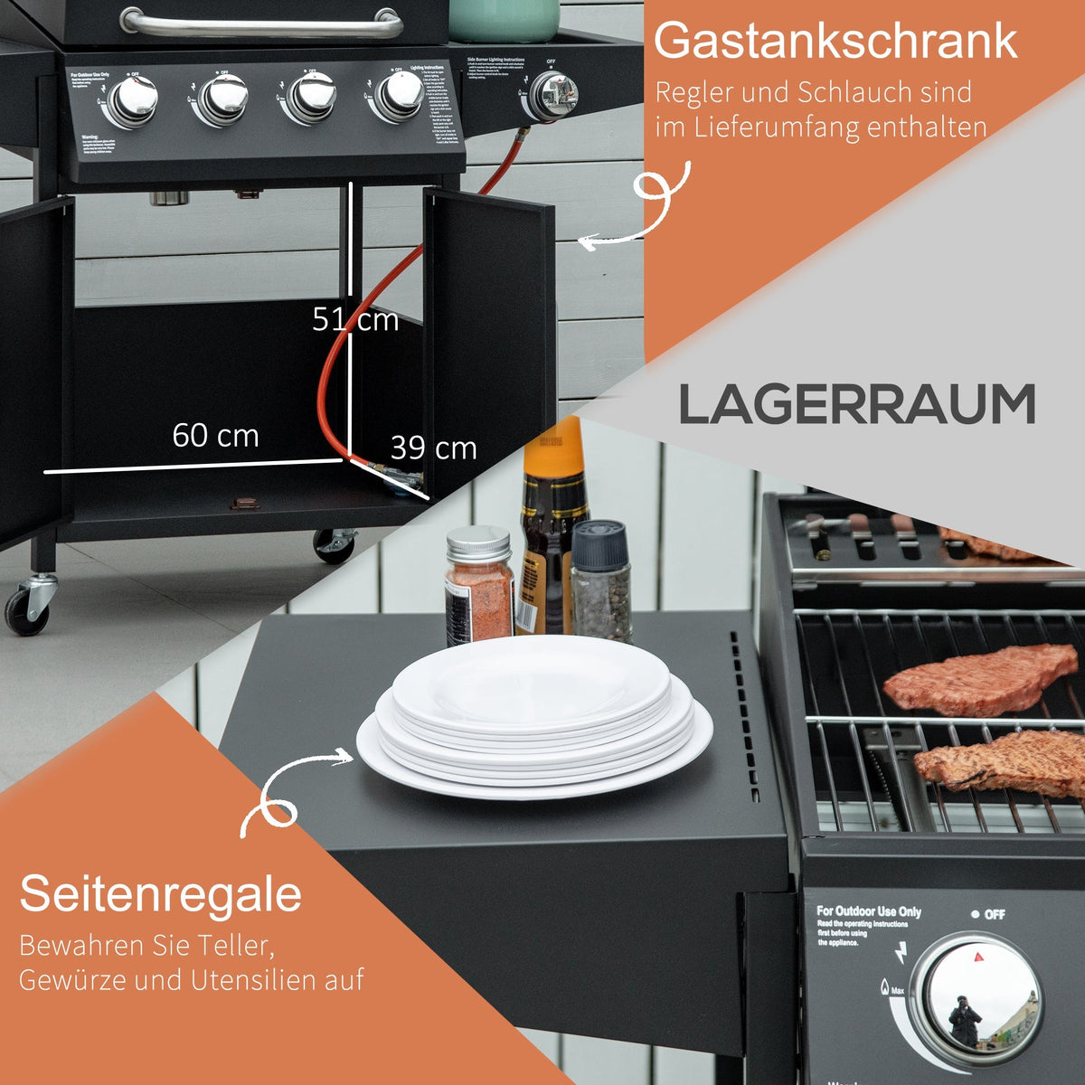 Gas BBQ Grill, 3 Burners 3kW Mobile Cart Side Tables, Metal