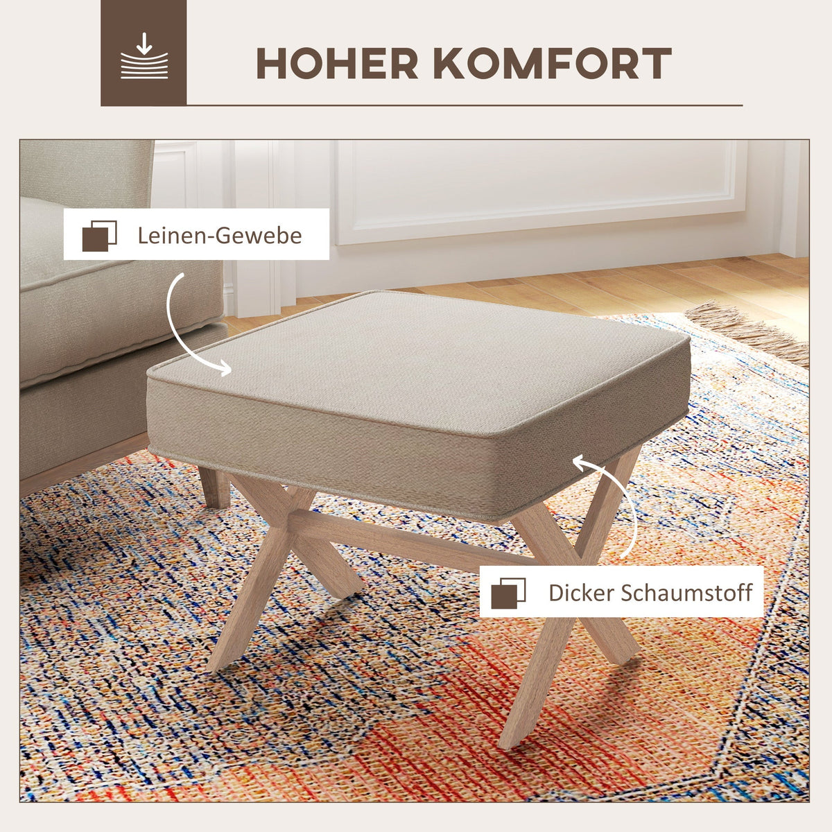 Ottoman Upholstered Bench Footstool with Padded Seat Wooden Footrest, Cream White
