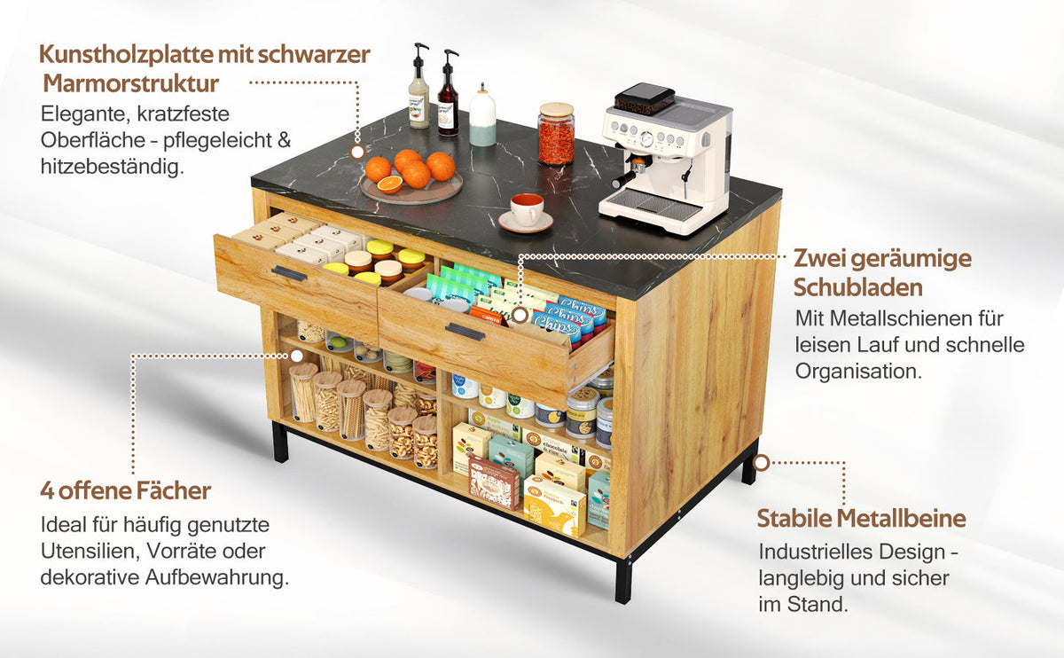 Kitchen Island Country Style 2 Drawers 4 Shelves Bar Area - Oak Wood/Black Marble