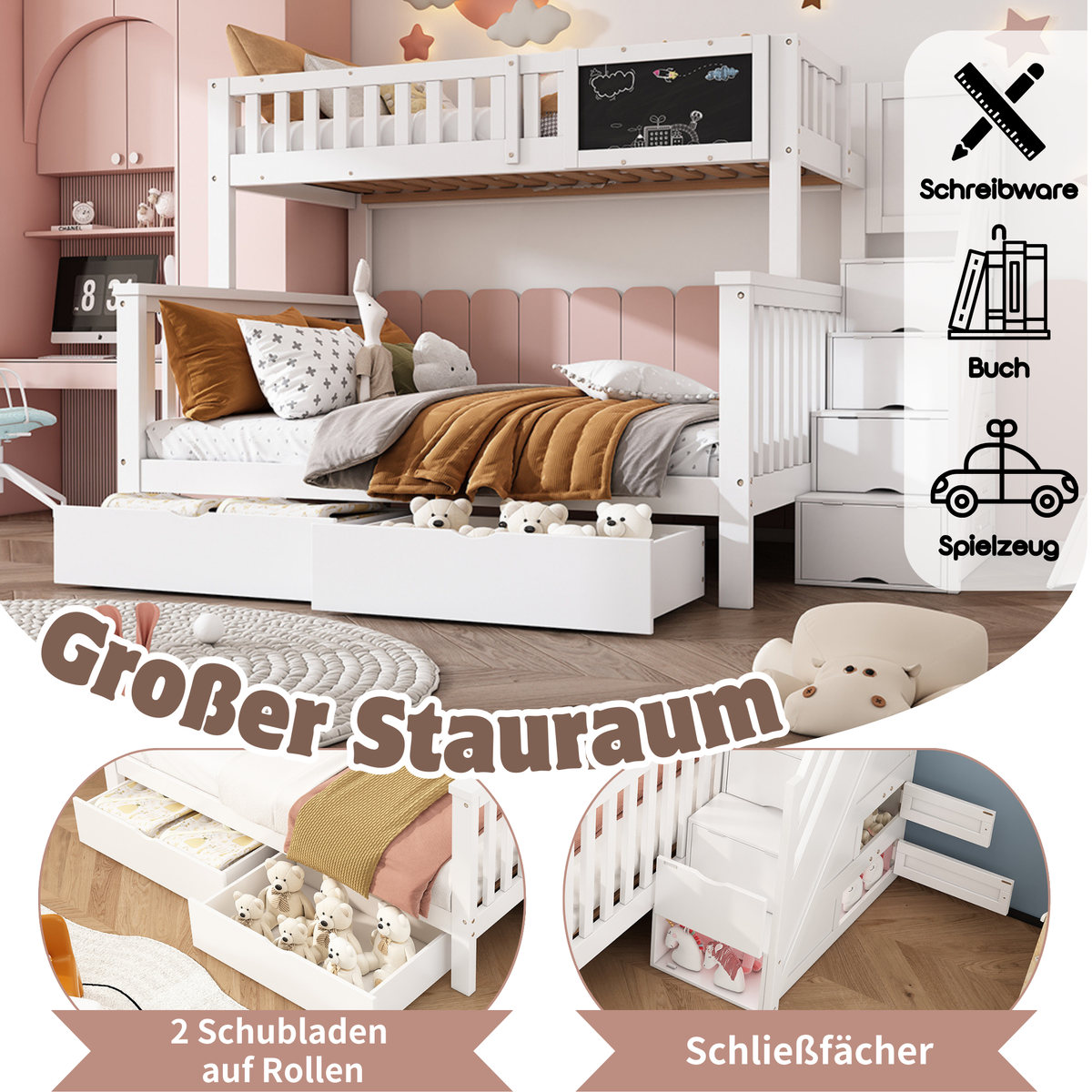 Multifunctional Children's Bunk Bed with Chalkboard and Drawers, 90x200cm and 140x200cm, White