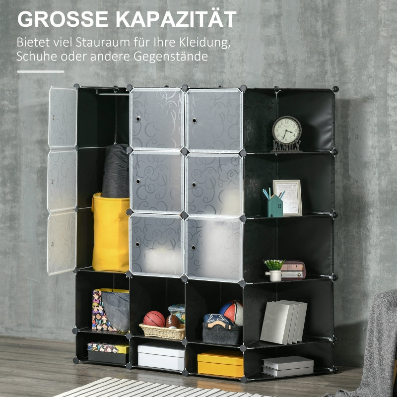 DIY Wardrobe Shelving System, 16 Compartments, 2 Rods, Black