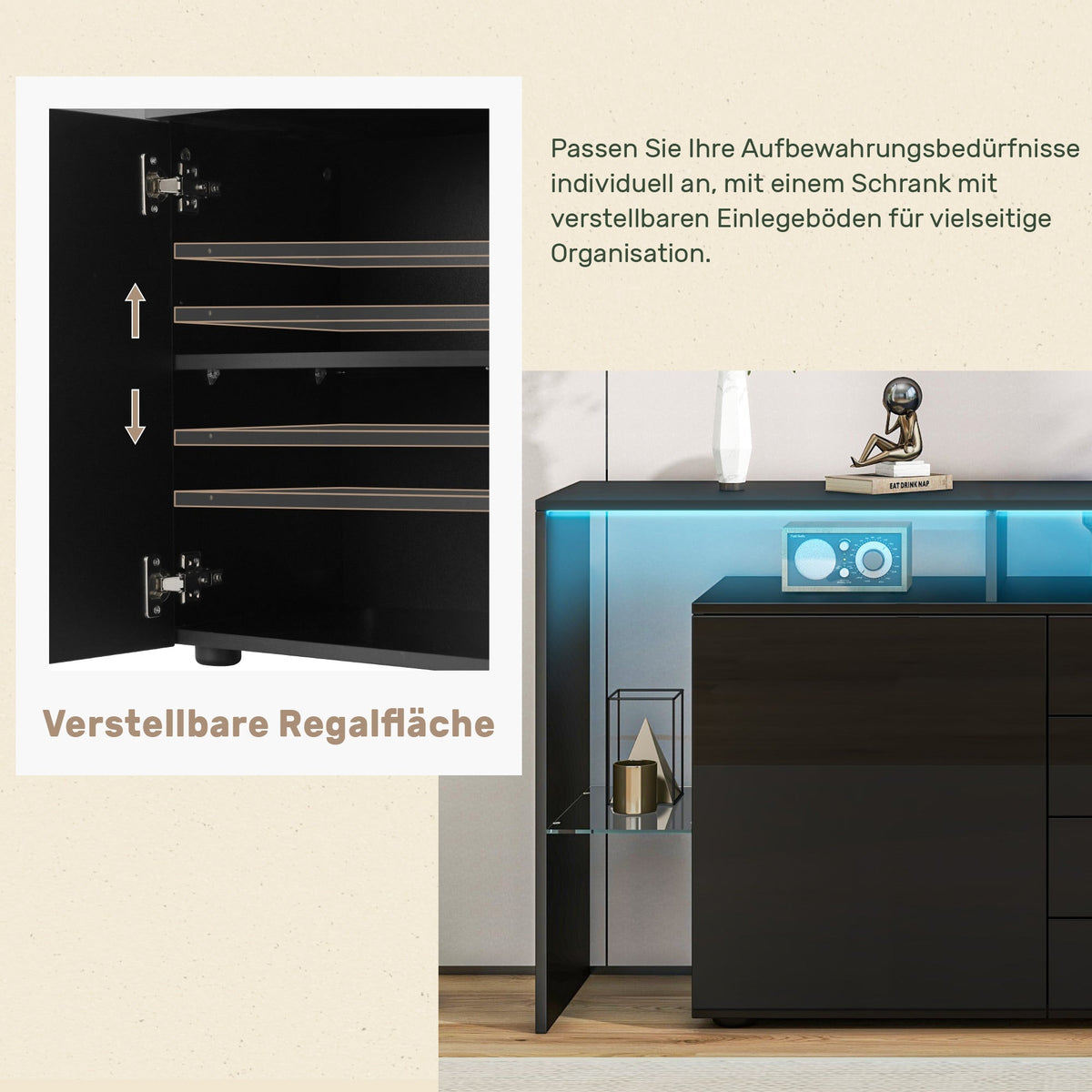 Highboard Sideboard with LED Lighting High-Gloss - Black