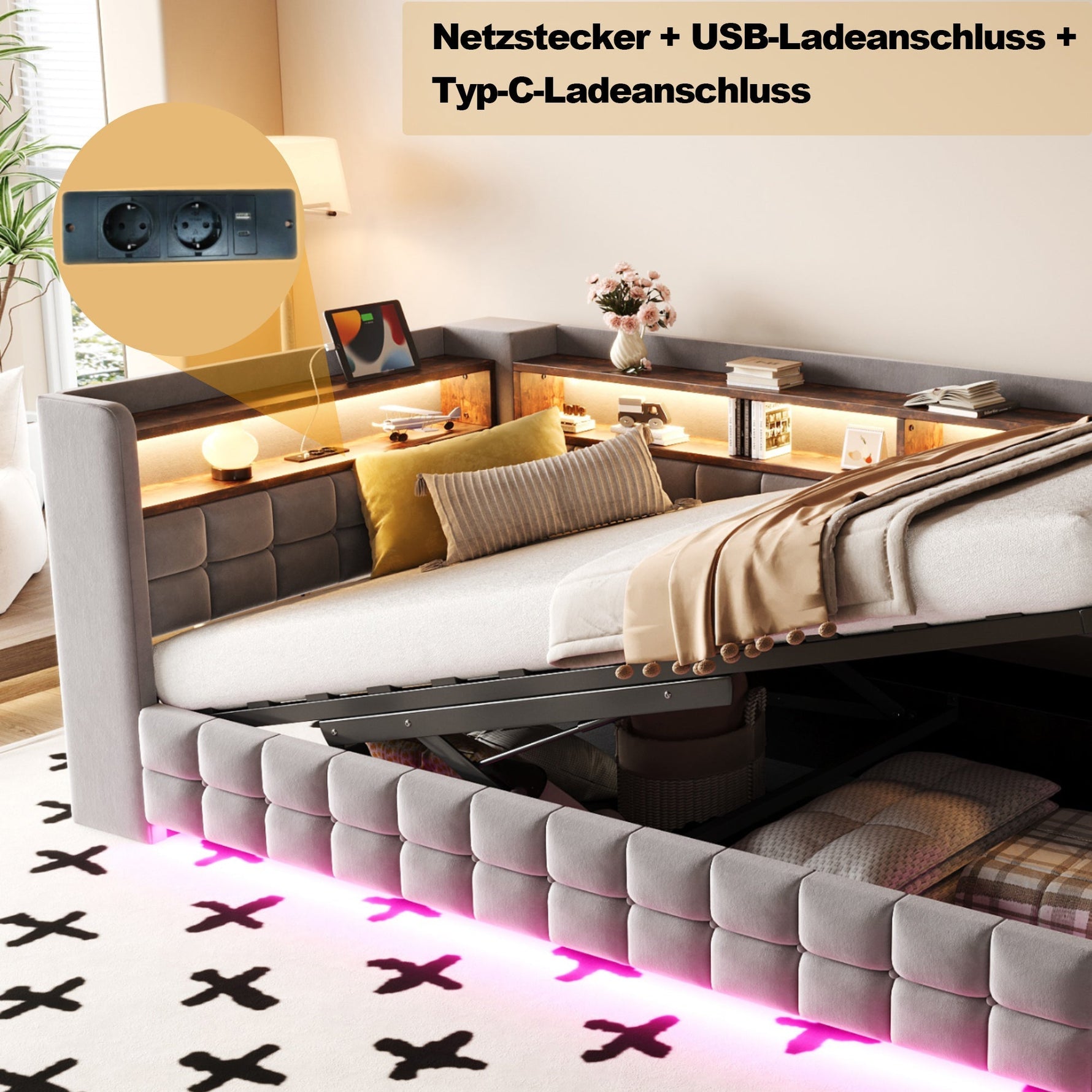 Multifunctional Upholstered Sofa Bed with Hydraulic Storage, LED and USB Ports, Light Grey Velvet