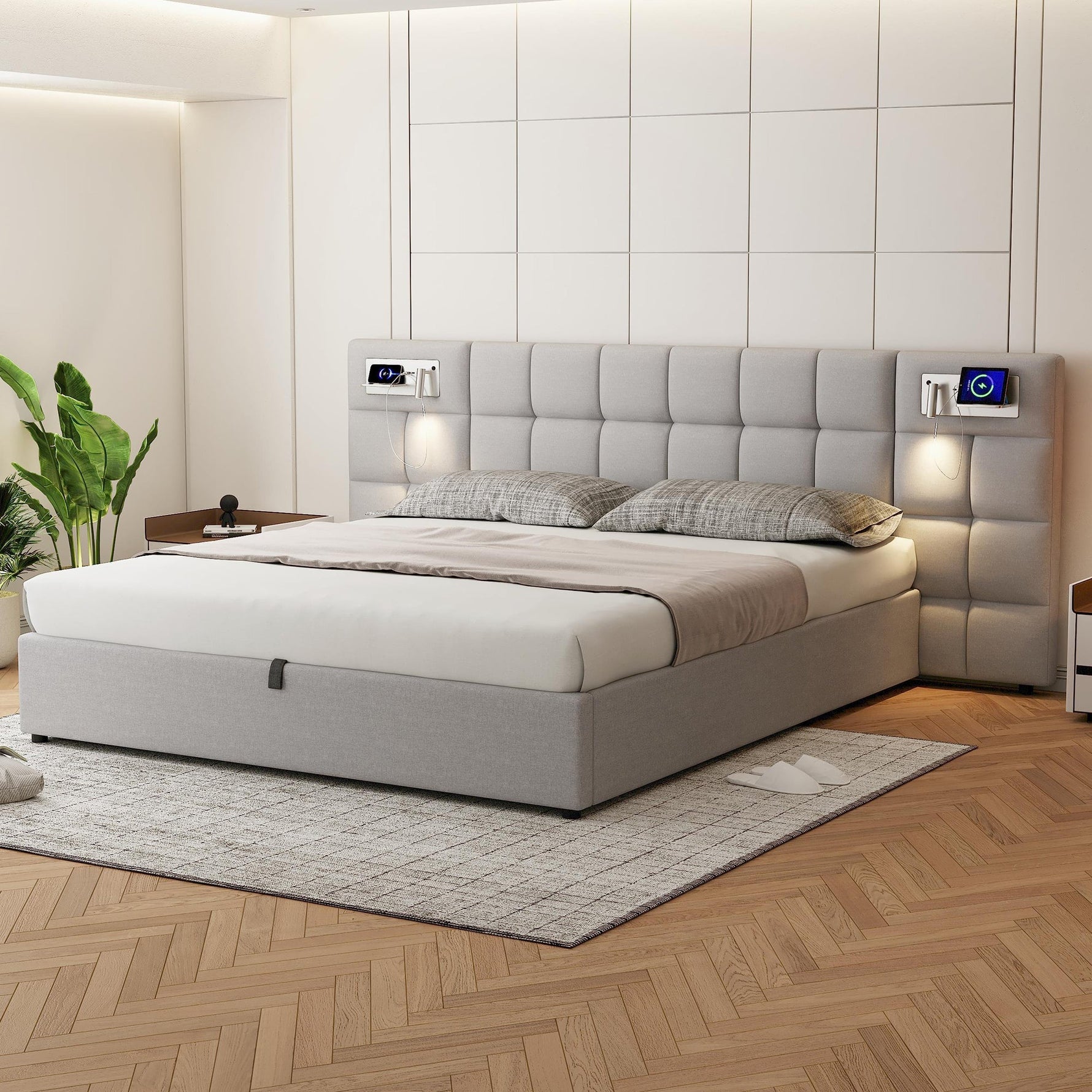 Upholstered Bed 180x200cm Hydraulic Storage USB Wireless Charging Lamp - Linen Grey