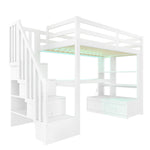 Loft Bed 90x200cm Desk Shelves Drawers Storage Stairs White