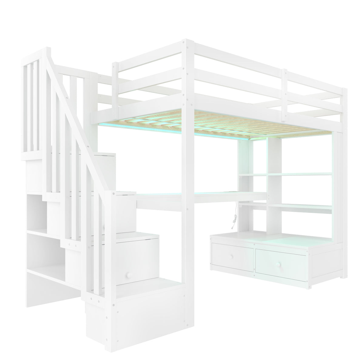 Loft Bed 90x200 with Desk, Shelves & Storage Stairs, White