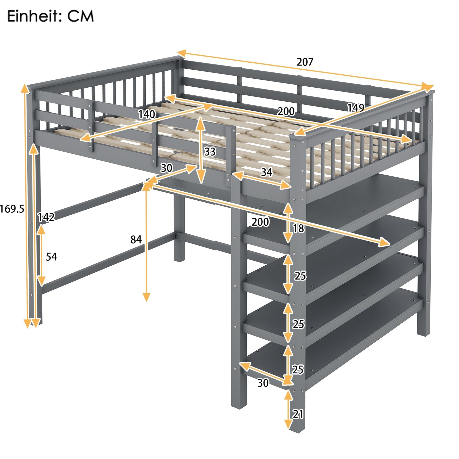 Loft Bed 140x200cm Storage Compartments Desk - Grey