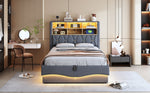 Upholstered Bed 140x200 Hydraulic Storage LED Light USB Charging Linen Upholstery Grey