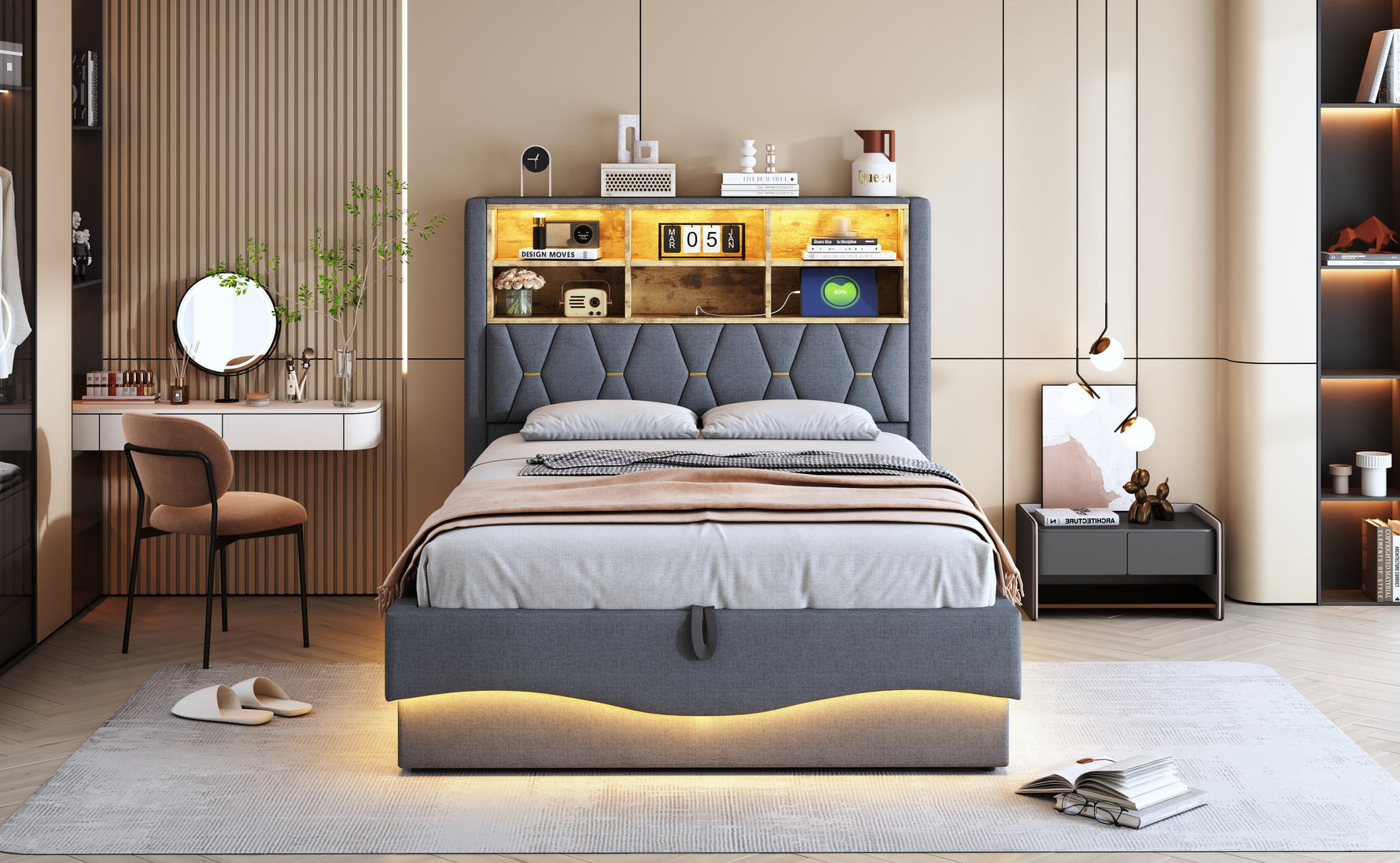 Upholstered Bed 140x200, Hydraulic Storage, LED Light, USB Port, Linen Upholstery Grey
