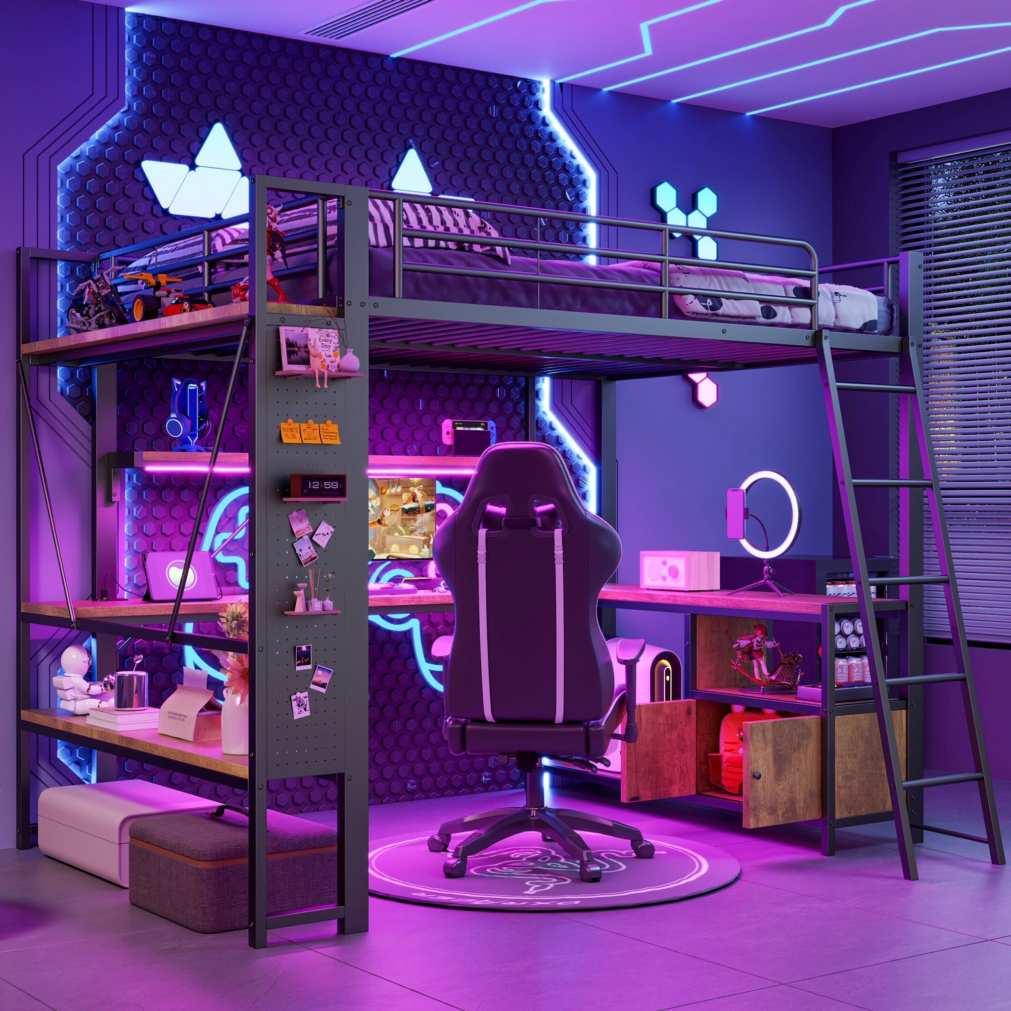 Loft Bed 140x200cm Iron Frame with Desk LED Light Strip USB Port Black