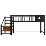 Low Loft Bed with Storage Ladder and Metal Frame, 90x200cm, Black Metal