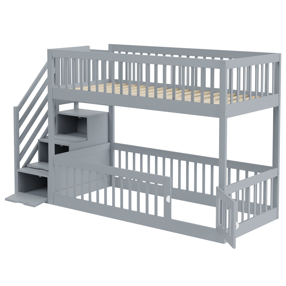 Bunk Bed 90x200 with Safety Stairs & Storage Drawers, Grey Wood