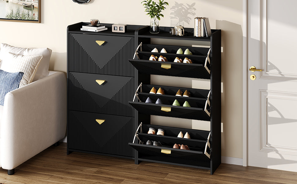 Shoe Cabinet with 6 Drop-Down Doors and Adjustable Width, Two-Piece Set, Black MDF