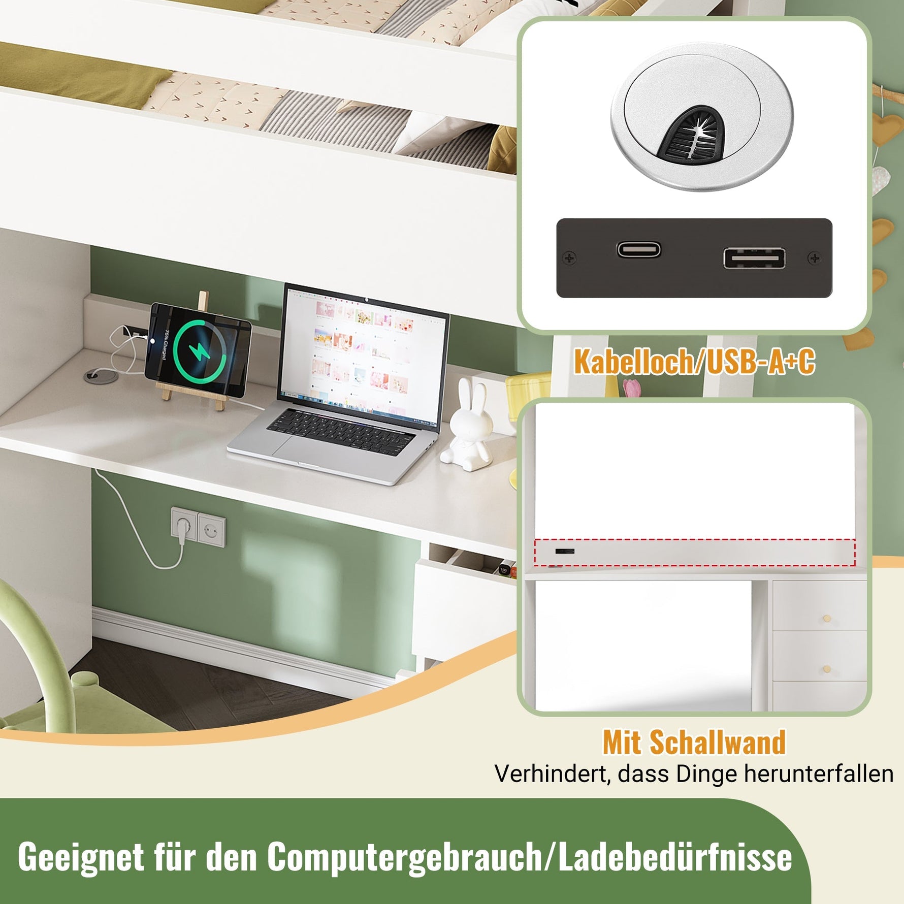 Children's Loft Bed, USB-C Desk, Wardrobe, Filing Cabinet, Stairs, Slatted Frame, Storage, 90x200