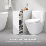 Slim Bathroom Cabinet, Wheels, 3 Deep Compartments, White