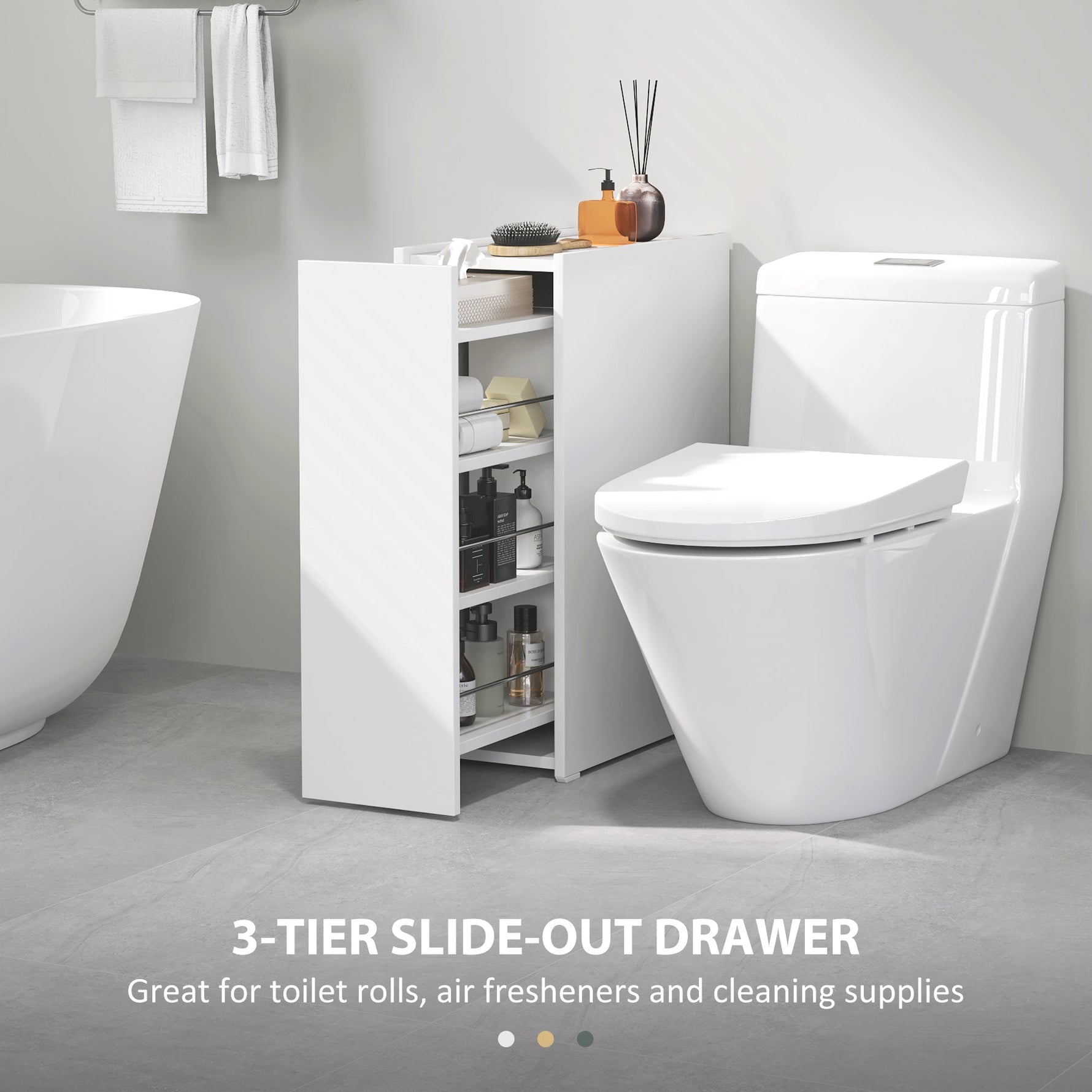 Slim Bathroom Cabinet, Wheels, 3 Deep Compartments, White