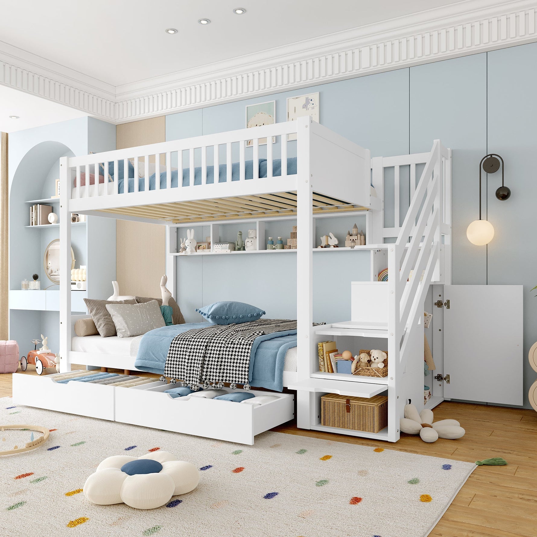 Bunk Bed 90x200cm Drawer Shelf Wardrobe Storage - White