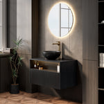 Floating Bathroom Washbasin with Ceramic Bowl and Sensor Light, 80cm Black Plywood Cabinet
