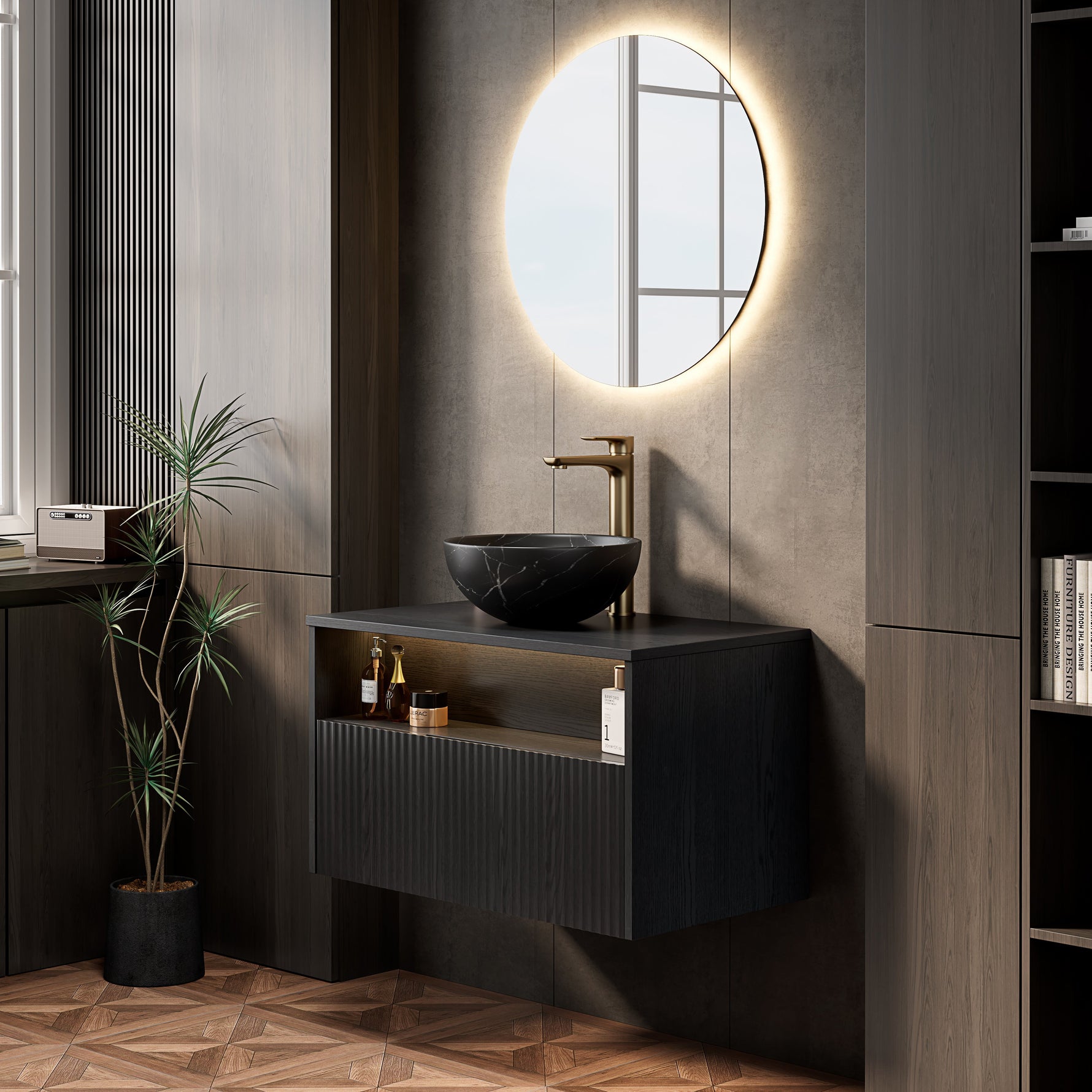 Floating Bathroom Washbasin with Ceramic Bowl and Sensor Light, 80cm Black Plywood Cabinet