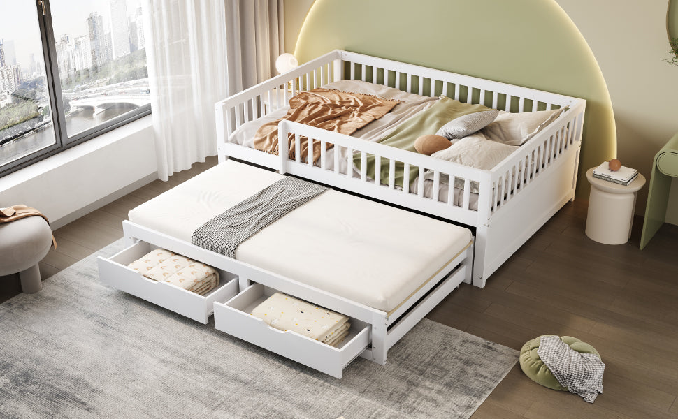 Sofa Bed, Pull-Out with Safety Gate & 2 Drawers, Solid Wood, White