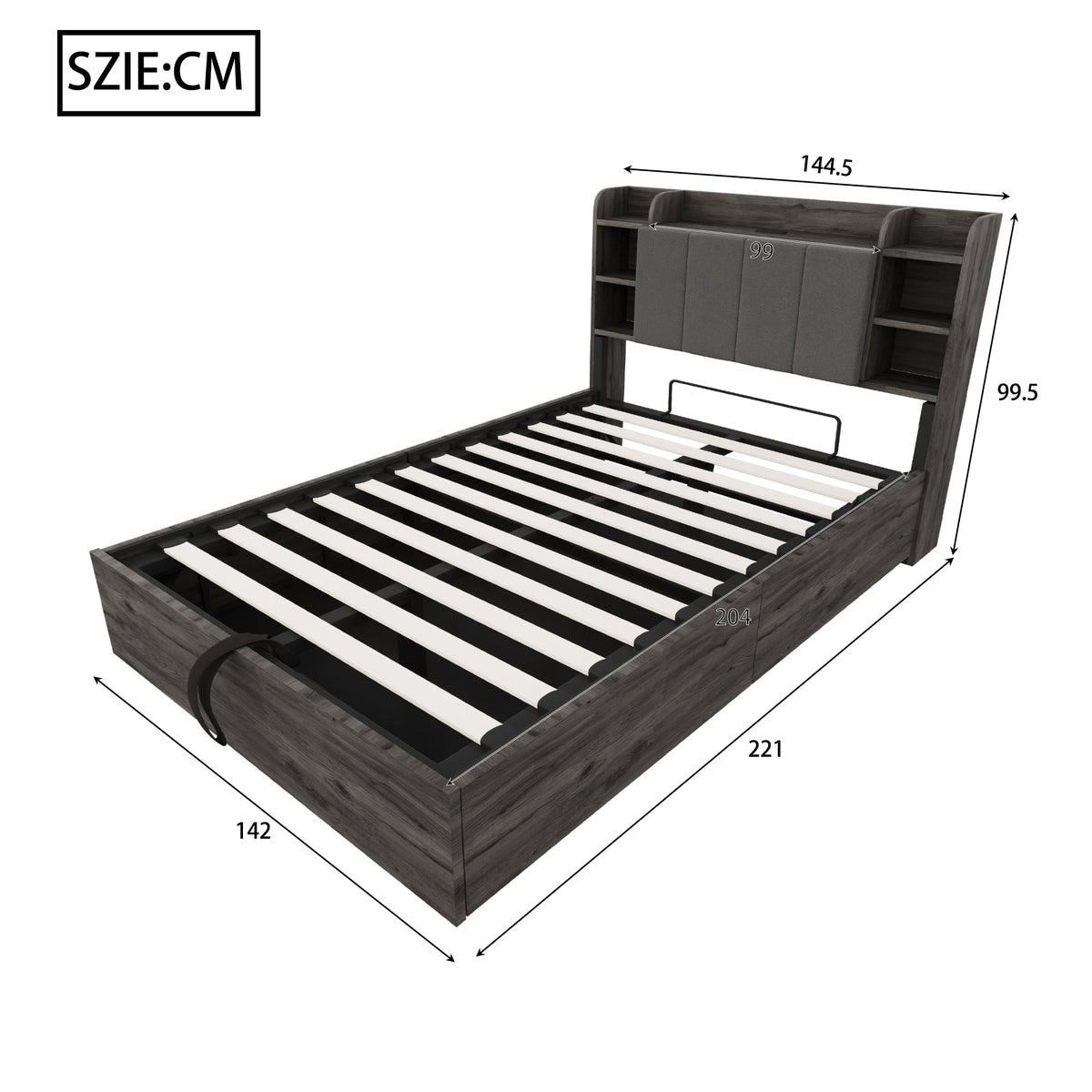 Wooden Bed, 140x200cm Hydraulic with Storage Headboard, USB & Type-C Socket, Grey