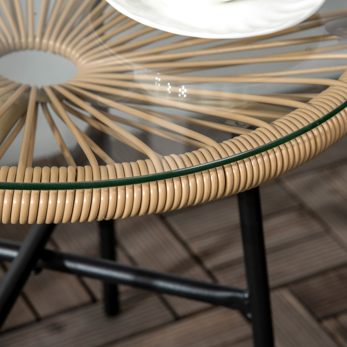 Bistro Table, Round Garden Side Table 50cm, Rattan Black+Beige