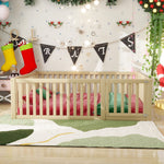 Children's bed 140x200 wooden floor bed frame with fence and door, wood color