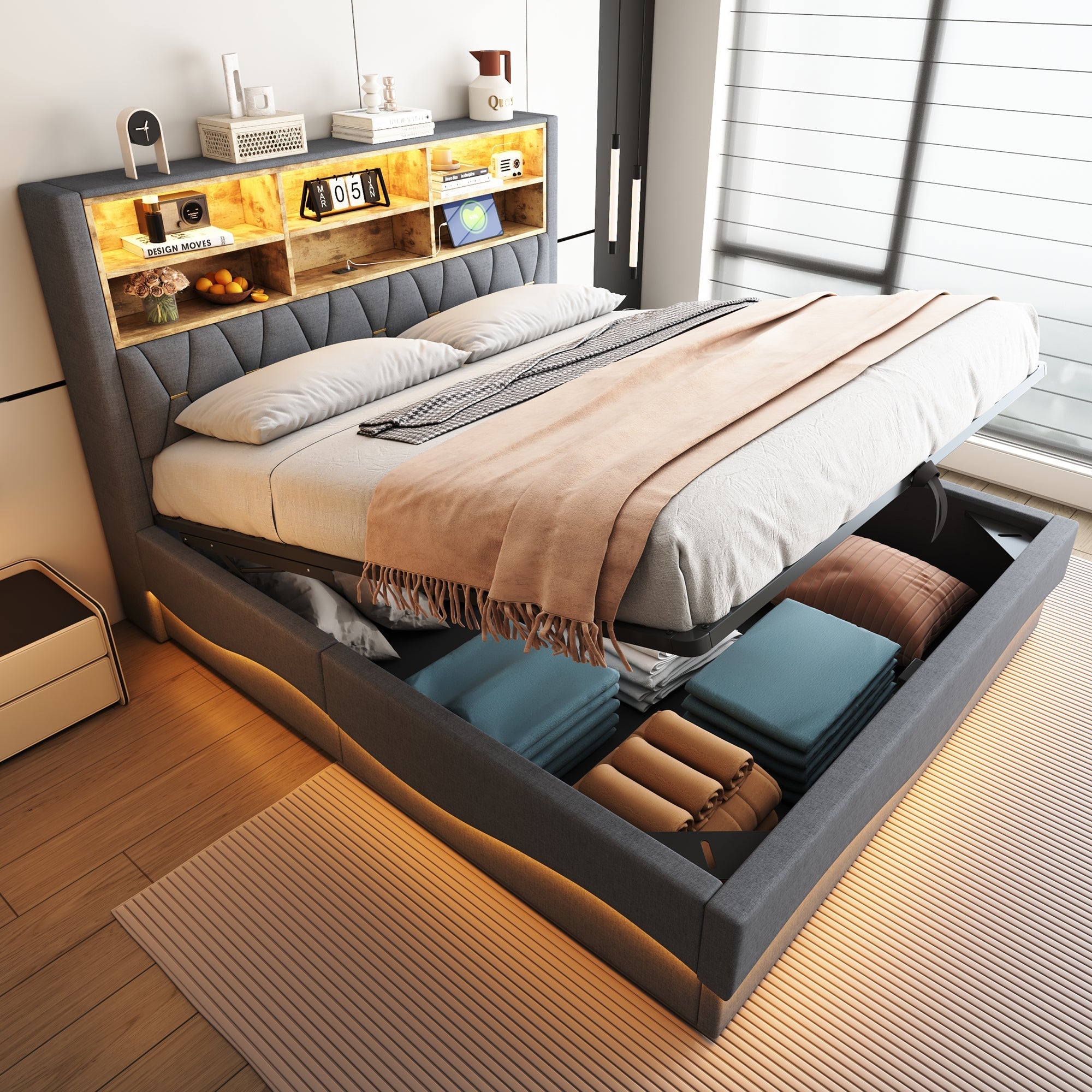Upholstered Bed 180x200 Hydraulic Storage LED/USB Slatted Frame Linen Grey