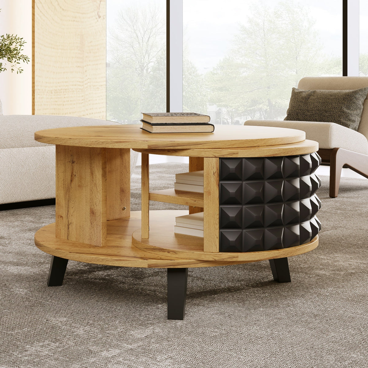 Coffee Table Rotating Side Table with Hidden Storage
