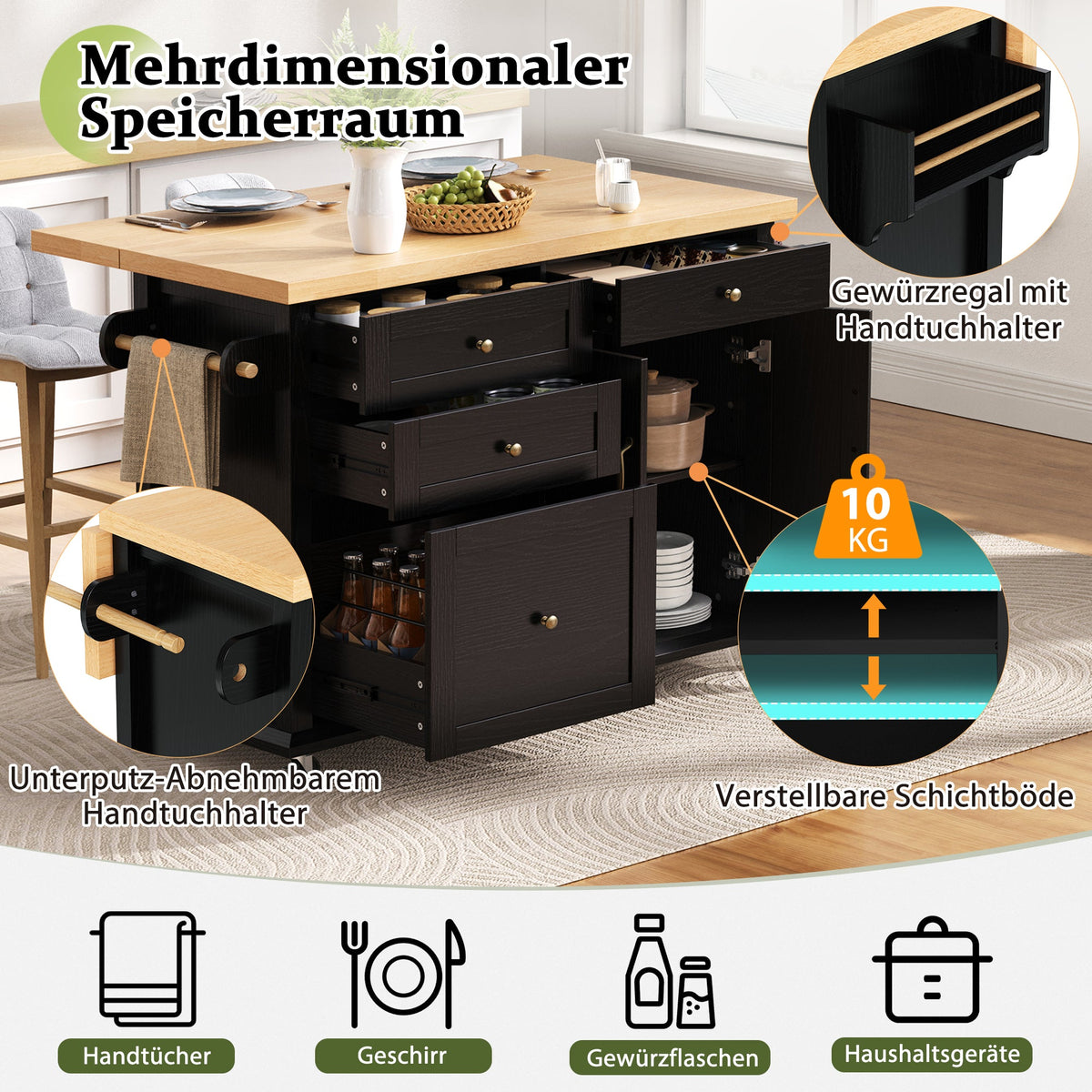 Mobile Kitchen Island, Extendable Table and Multifunctional Drawers, Black