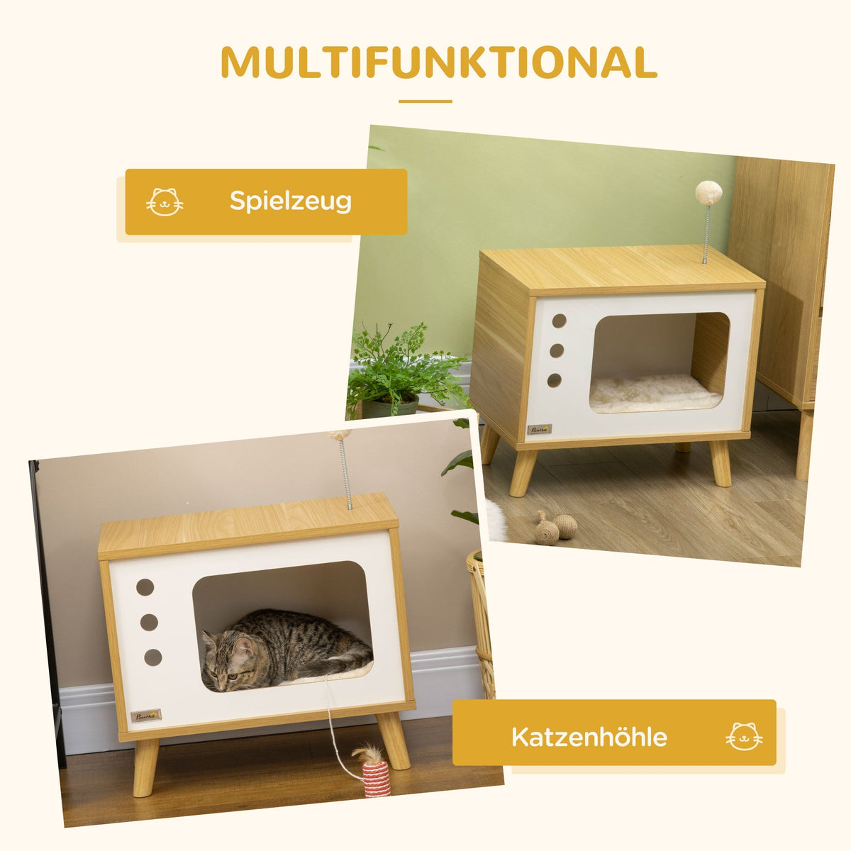 Cat House TV-Design, with Play Ball & Cushion, Oak/Beige/White